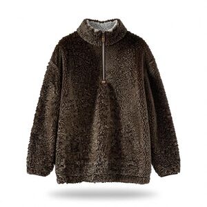 Brown Faux Fur Sherpa Quarter Zip Pullover Jacket Cozy Winter Fleece Small